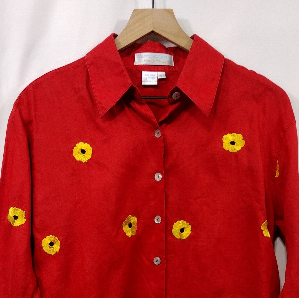 Casey Coleman 100% Linen Embroidered Floral Button Shirt Women's S Red Retro - Picture 2 of 7